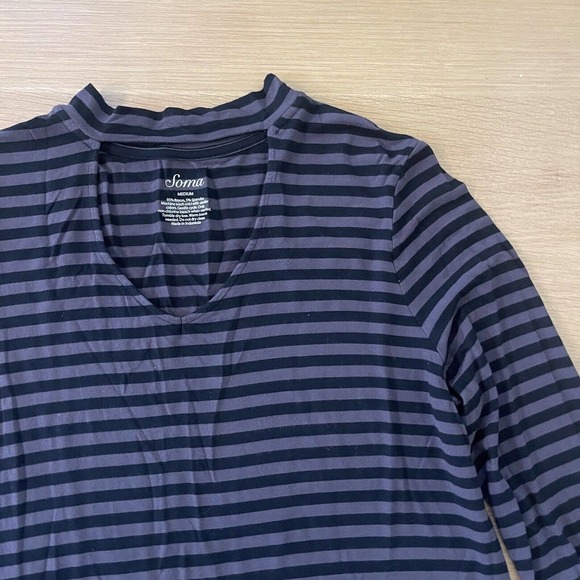 Women's Soma Size M Mock Neck Keyhole Long Sleeve Striped Dress Gray Black Soft - Picture 2 of 6